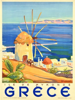 Original Vintage Travel Poster Greece Mykonos Island Kostas Linakis Aegean Sea