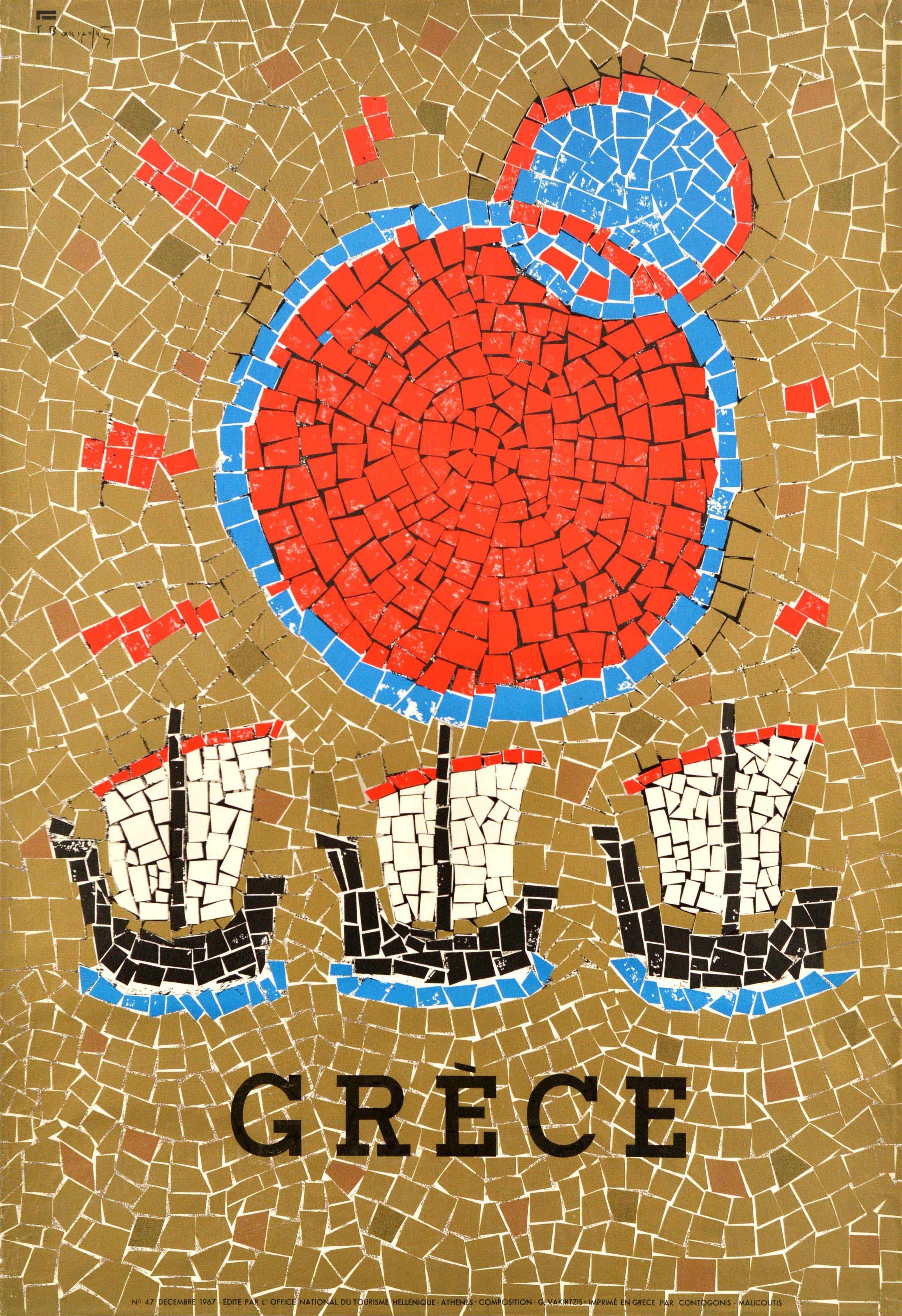 Print di Unknown - Poster di viaggio originale d'epoca Grecia Barche a vela Yachts Mosaico Repubblica Ellenica