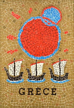 Affiche rétro originale de voyage Grèce, voiliers, yachts et mosaïque de la République grecque
