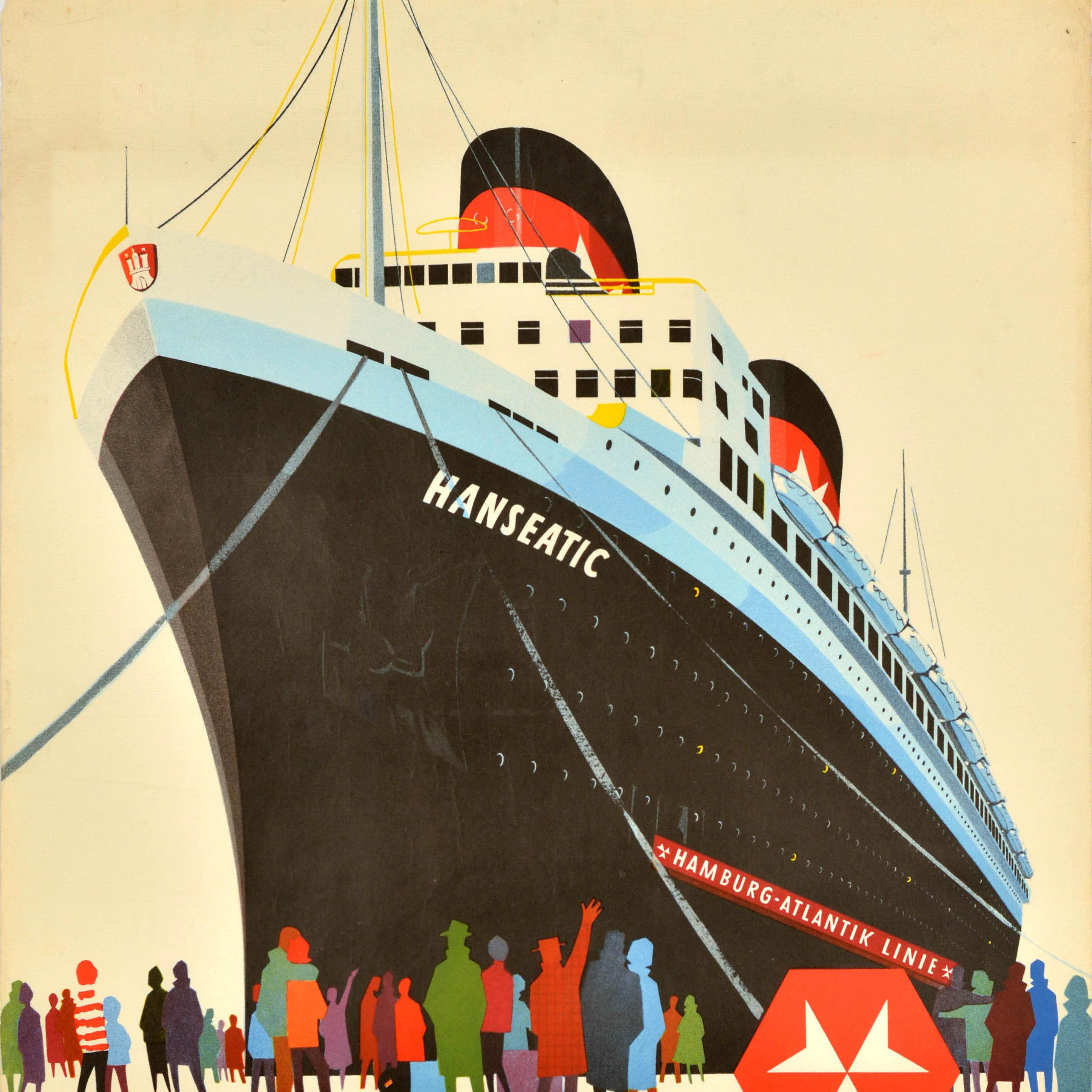 Original vintage cruise travel advertising poster for Hamburg Atlantic Line / Hamburg Atlantik Linie featuring an illustration of people as colourful silhouettes waving to and looking up at a ship named Hanseatic with the text in German below - das