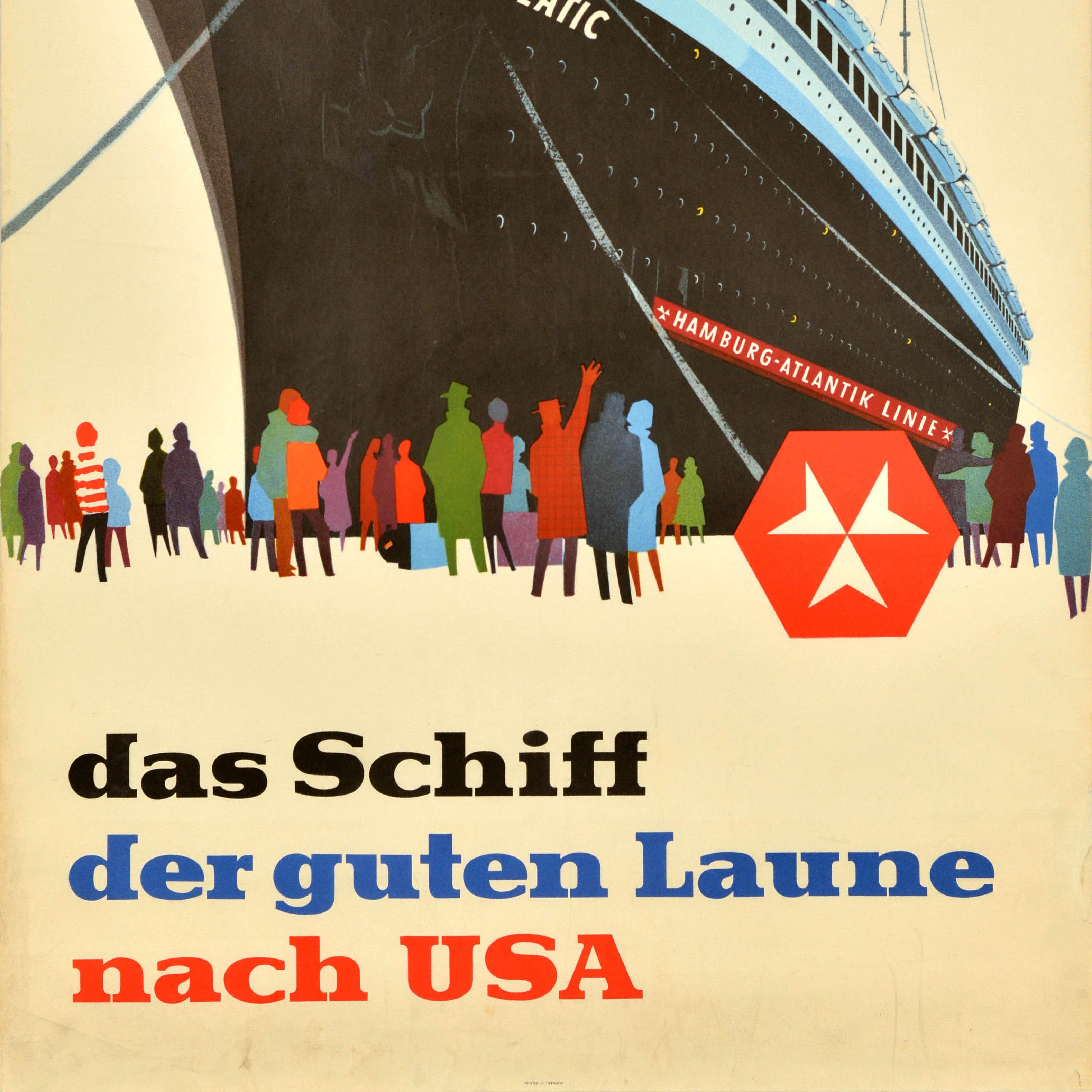 Originales Werbeplakat für die Hamburg Atlantik Linie mit einer Illustration von Menschen in Form von bunten Silhouetten, die einem Schiff mit dem Namen Hanseatic zuwinken und zu ihm hinaufblicken. Darunter steht der Text: 