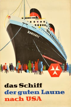 Original Vintage Travel Poster Hamburg Atlantic Line Hanseatic USA Cruise Ship