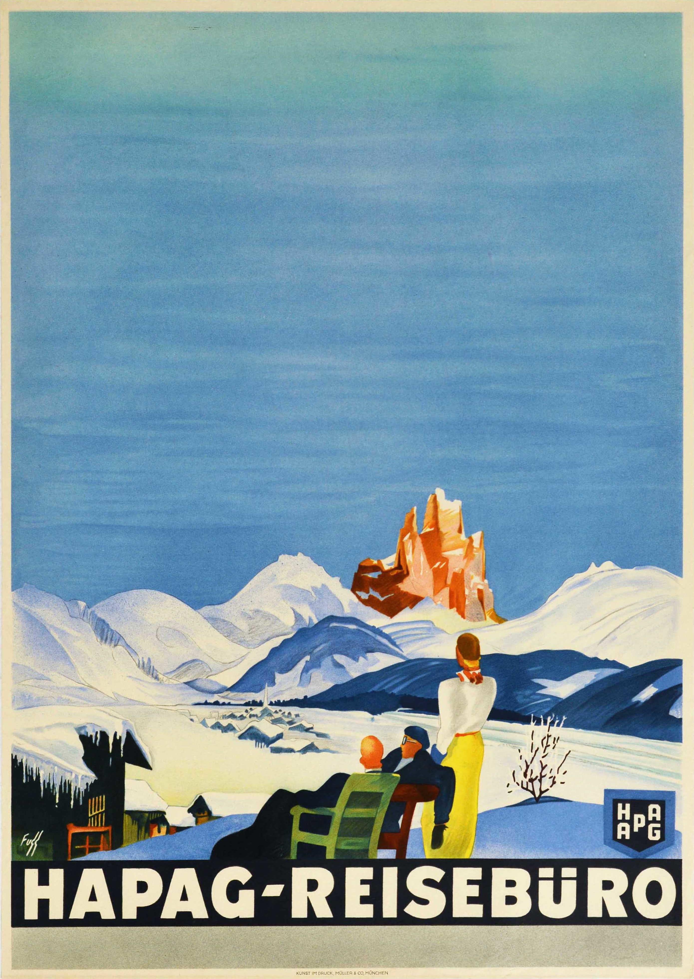 Print Unknown - Affiche rétro originale de voyage Hapag Reiseburo, Montagnes d'hiver, Art Déco