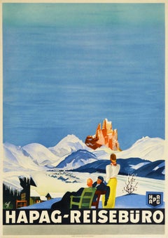 Original Vintage Travel Poster Hapag Reiseburo Winter Mountains Art Deco