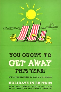 Original-Vintage-Reiseplakat Holidays In Britain, „ Holidays In Britain You Ought To Get Away“, Design