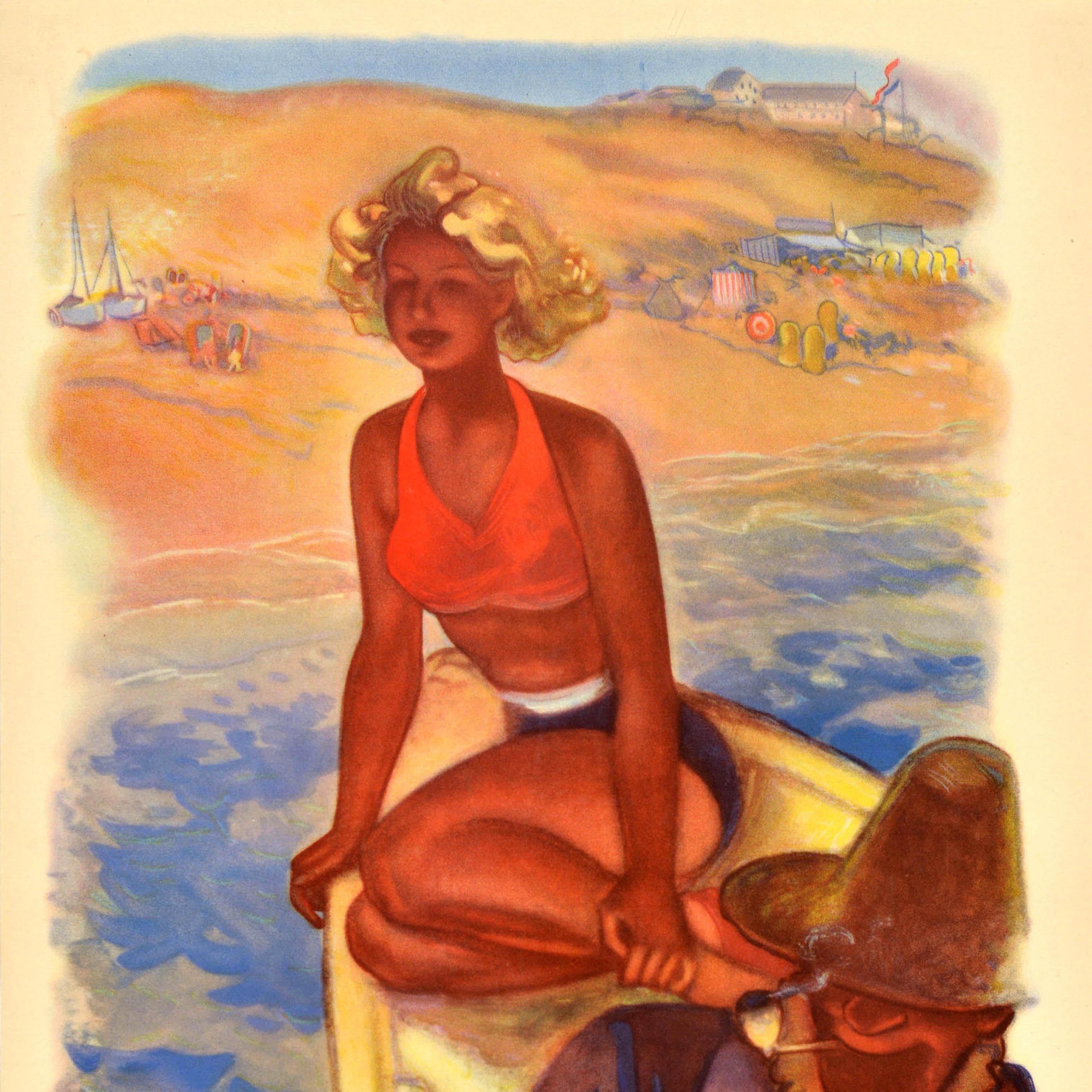 Original vintage travel poster for Holland featuring a lady in a bikini sitting on a wooden rowing boat being rowed by a pipe smoking sailor or fisherman in front of people on the beach in the background. Lithographed by Smeets & Schippers,