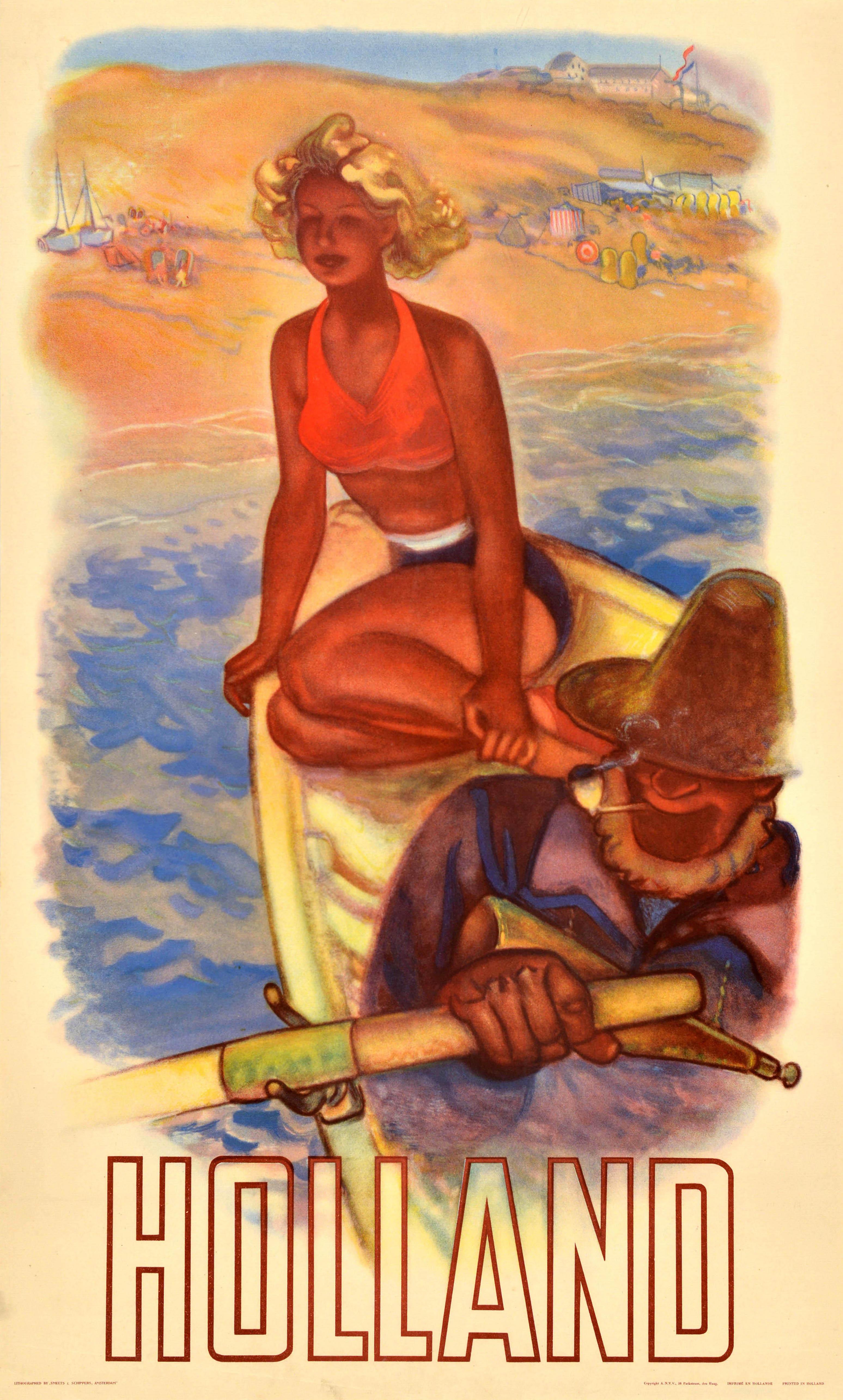 Unknown Print - Original Vintage Travel Poster Holland Beach Fisherman Netherlands Midcentury