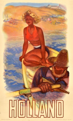 Affiche vintage originale de voyage Holland Beach Fisherman, Pays-Bas, milieu du siècle dernier