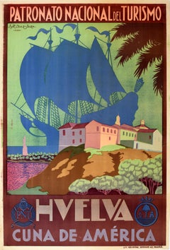Original Vintage-Reiseplakat Huelva, Spanien, Andalusien, PNT Cuna De America, Design