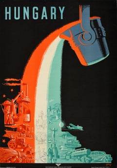 Affiche rétro originale de voyage, Tourisme de Hongrie, Tourisme du milieu du siècle dernier, Drapeau moderne