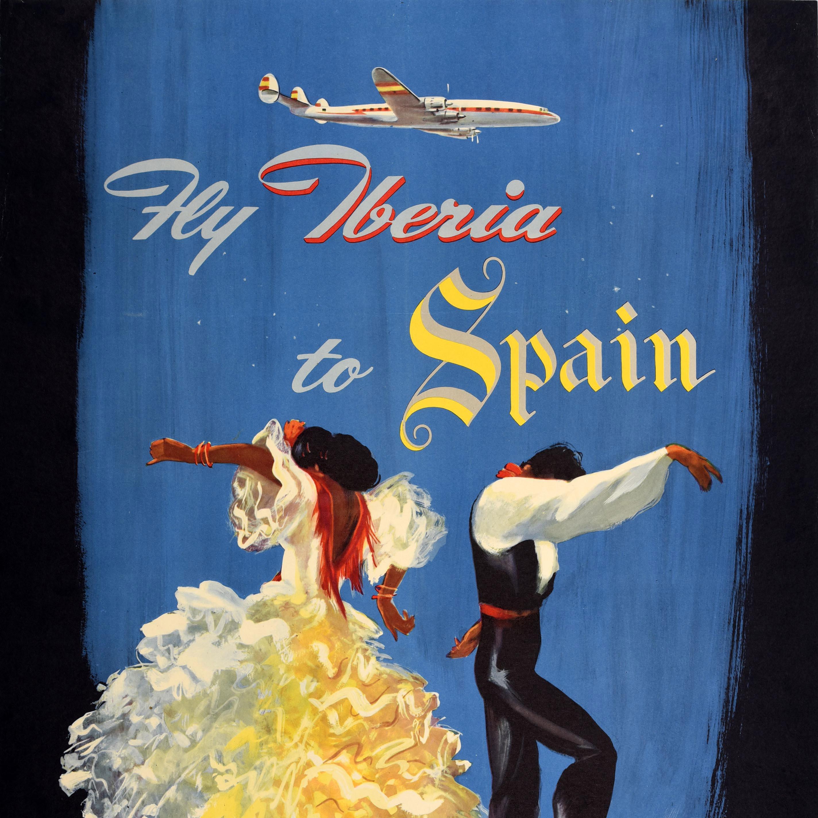 Original vintage travel poster - Fly Iberia to Spain - featuring artwork of two flamenco dancers dancing back to back in traditional dress, the lady wearing a yellow ruffled dress and the man in black with a red waistband and neck scarf, beneath the