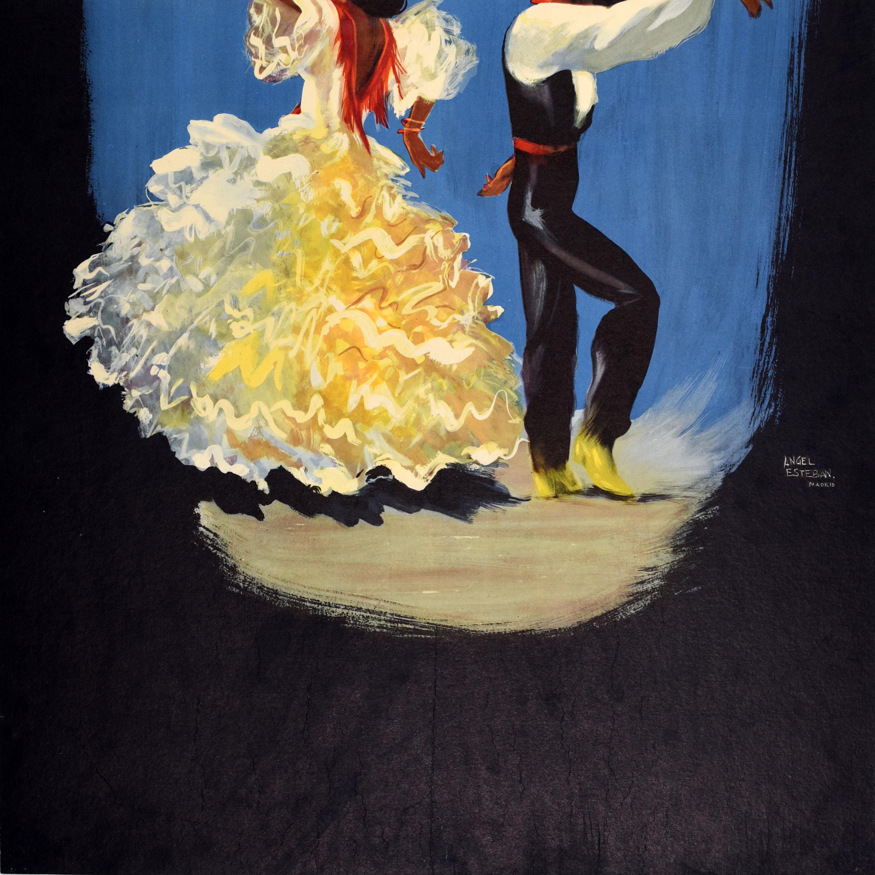 Original-Reiseplakat im Vintage-Stil - Fly Iberia to Spain - mit zwei Flamenco-Tänzern, die Rücken an Rücken in traditioneller Kleidung tanzen, die Dame in einem gelben Rüschenkleid und der Mann in Schwarz mit rotem Bund und Halstuch, darunter ein