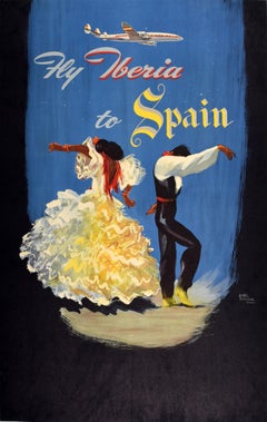 Affiche de voyage originale d'Iberia Airline Espagne Flamenco Lockheed Espana