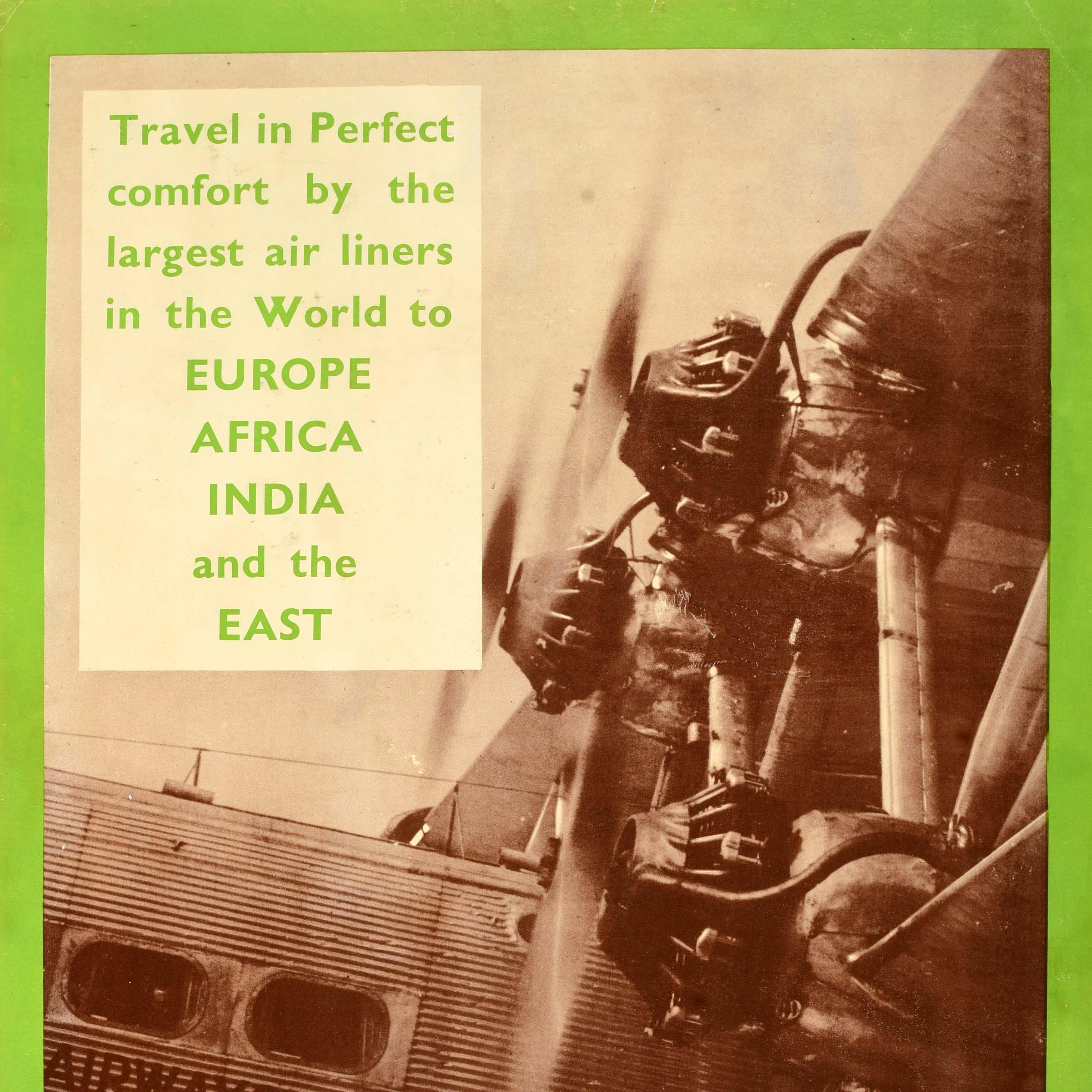 Affiche publicitaire originale - Imperial Airways The British Air Line Voyagez dans un confort parfait sur les plus grandes lignes aériennes du monde vers l'Europe, l'Afrique, l'Inde et l'Orient. Cette affiche présente une photographie en tons sépia