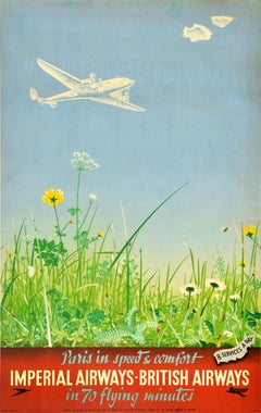 Original Vintage Travel Poster Imperial Airways British Airways London Paris