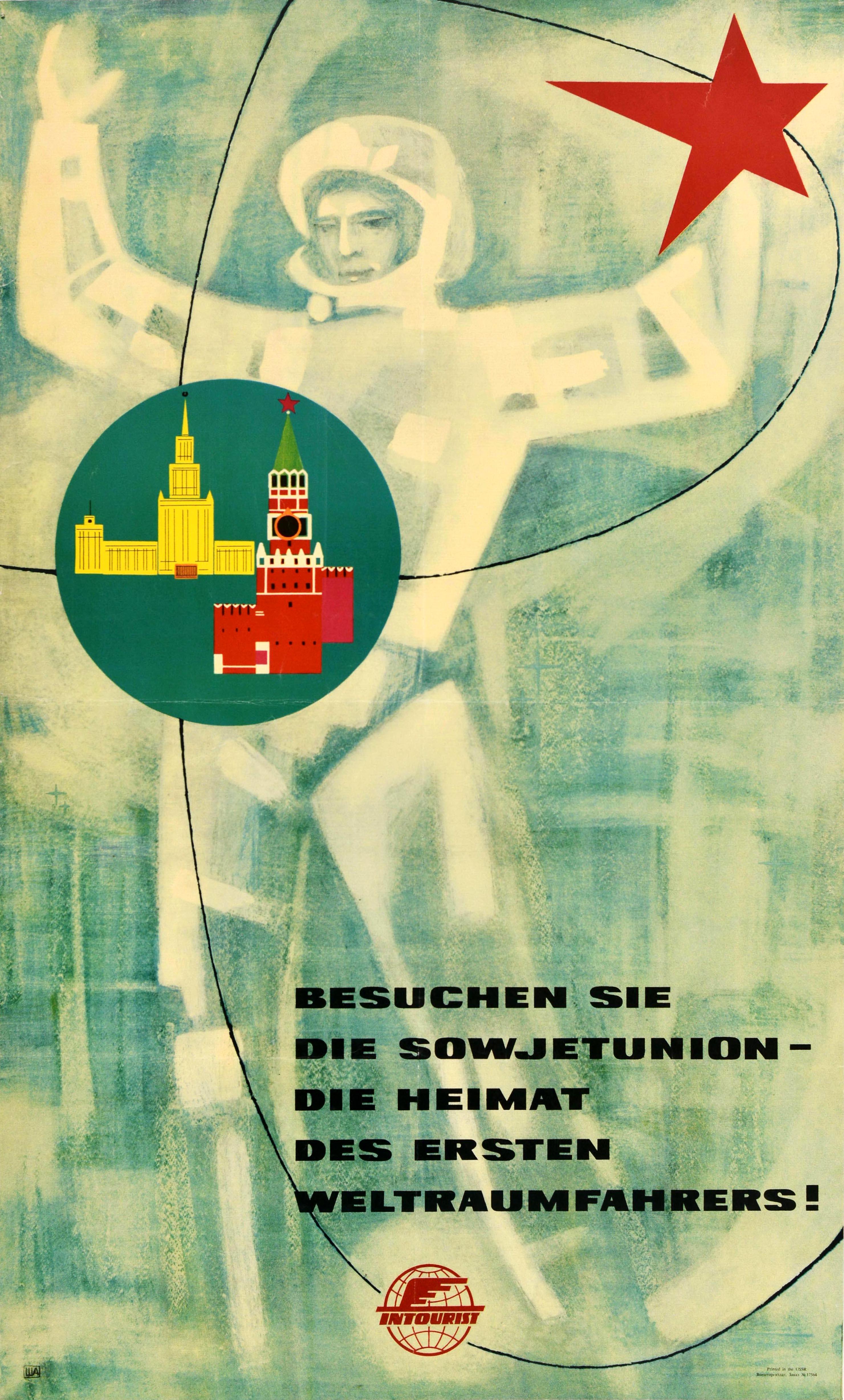 Unknown Print - Original Vintage Travel Poster Intourist Soviet Union Spaceman USSR Kremlin