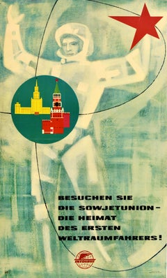 Original Vintage Travel Poster Intourist Soviet Union Spaceman USSR Kremlin