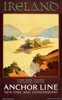 Affiche de voyage vintage d'origine Irlande Come Back To Erin Anchor Line Cruise Ship