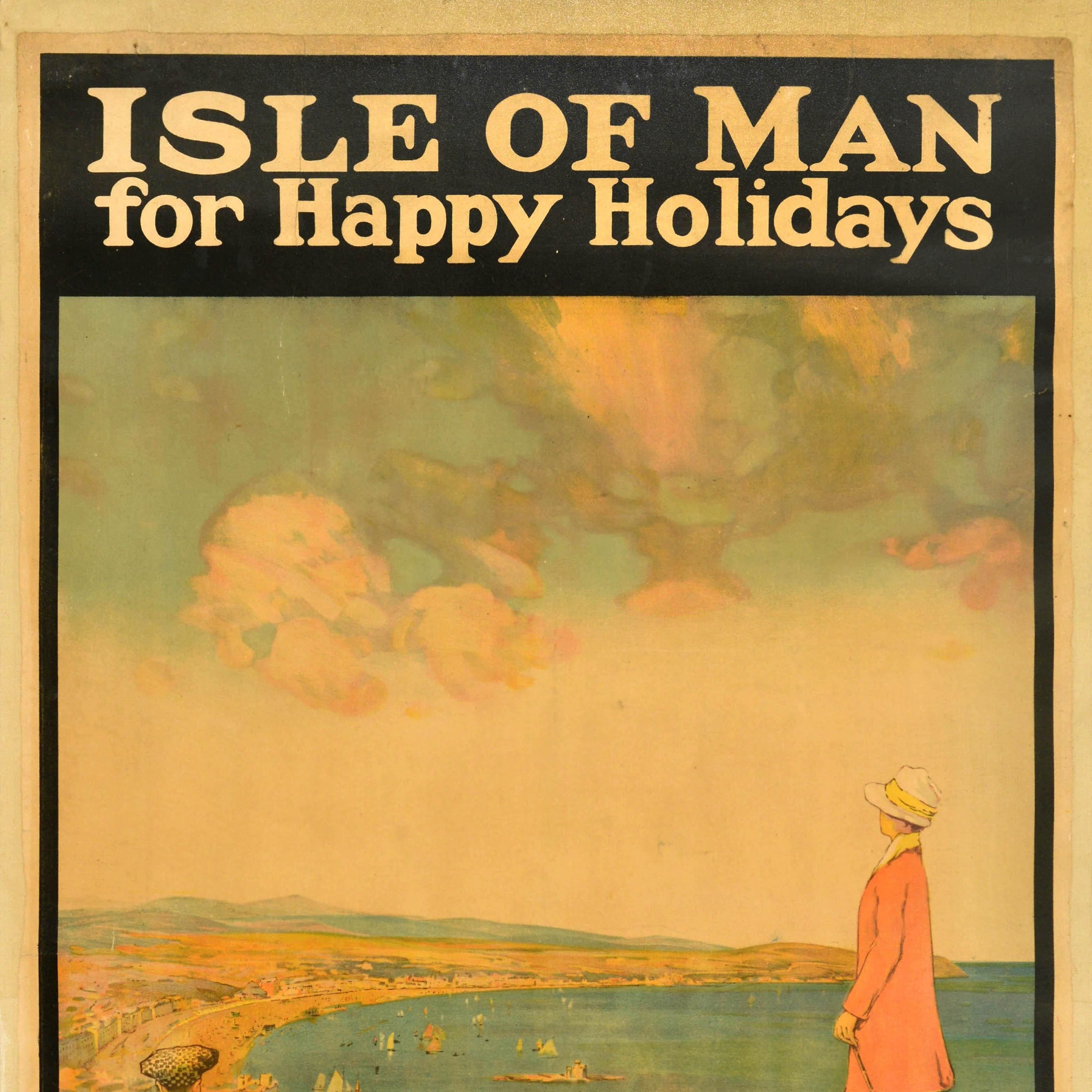 Original-Vintage-Reiseplakat „ Isle Of Man For Happy Holidays“, Golf Douglas Bay (Braun), Print, von Unknown