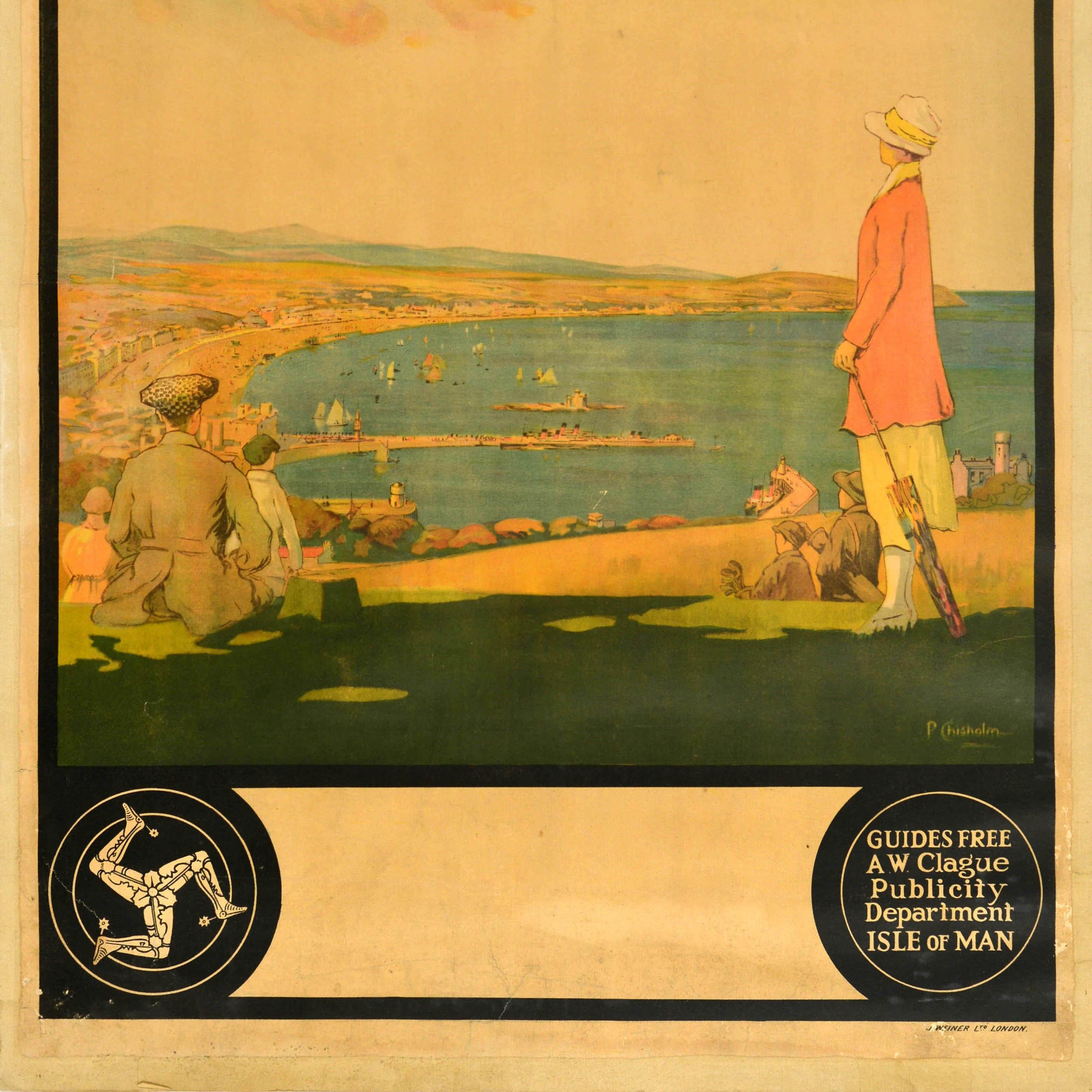 Original Vintage-Reiseplakat - Isle of Man for Happy Holidays - mit einem großartigen Design, das Menschen zeigt, die die malerische Aussicht über die Douglas Bay mit Segelbooten und Dampfschiffen am historischen Tower of Refuge (1832 für