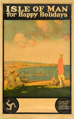 Poster di viaggio originale d'epoca dell'Isola di Man per Happy Holidays Golf I. Douglas Bay