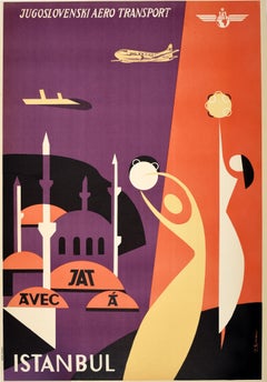 Original Retro Travel Poster Istanbul JAT Airline Jugoslovenski Aero Transport