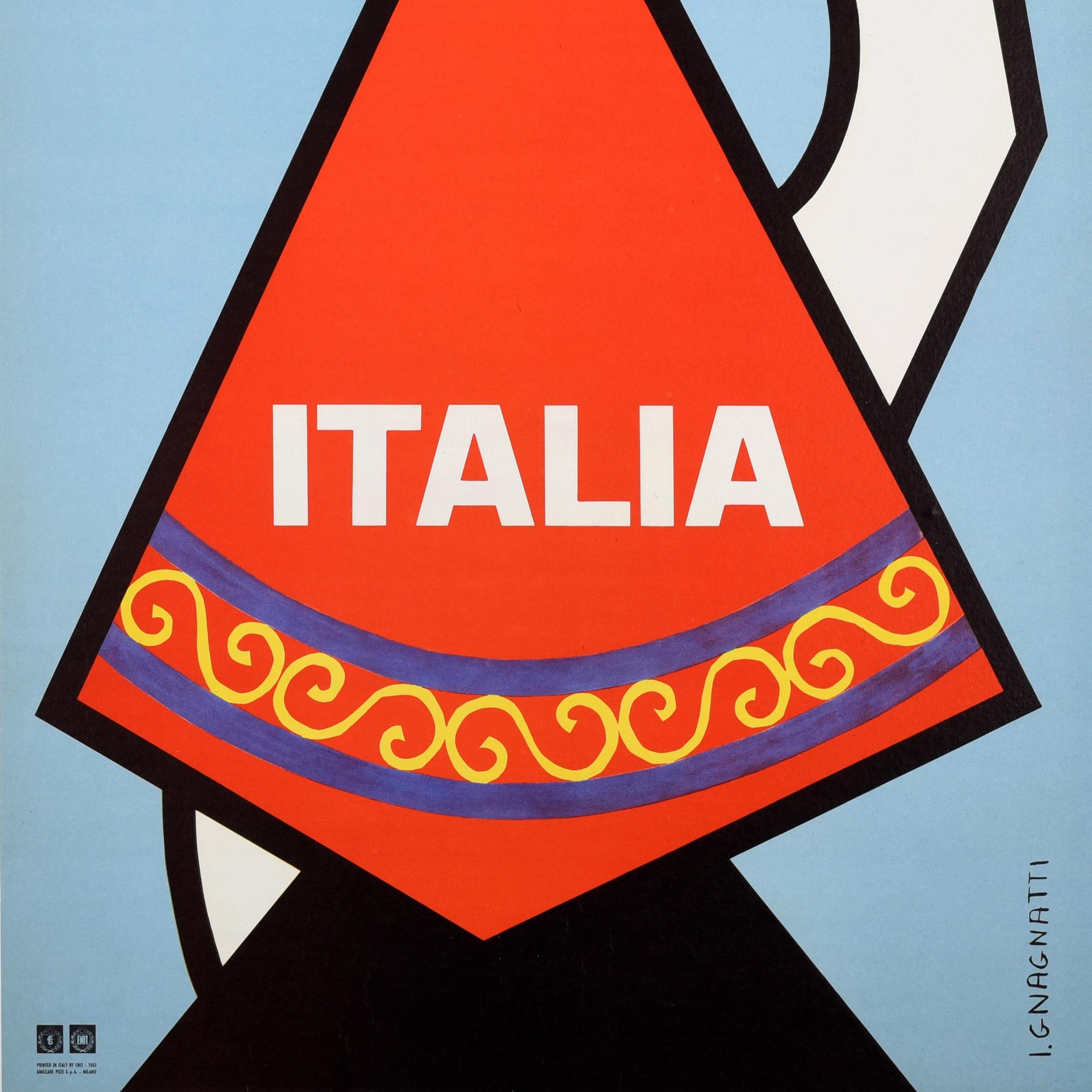 Original vintage travel poster for Italy / Italia issued by the Italian tourist board ENIT (Ente Nazionale Italiano per il Turismo) featuring a colourful mid-century design of a lady wearing a patterned red headscarf and holding a bowl of fruit on