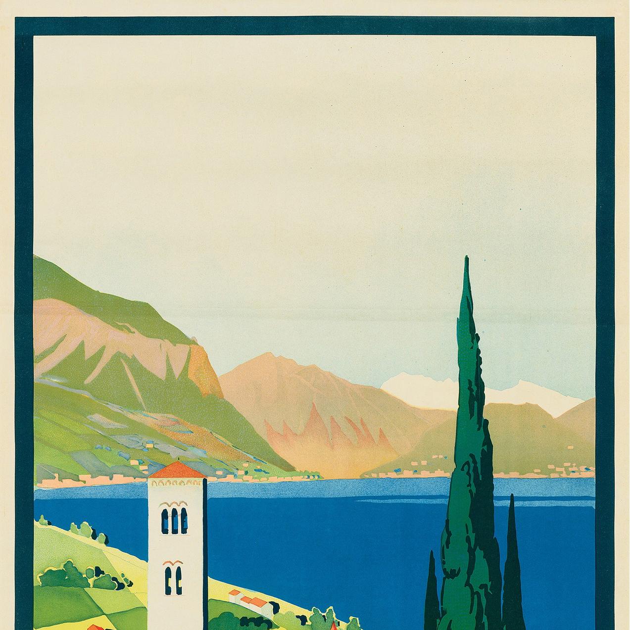 Original vintage travel poster for the Oberitalienische Seen / Northern Italian Lakes featuring a stunning Art Deco view past a tall tree and village on the coastline towards hills and mountains on the horizon across the clear blue lake below a grey
