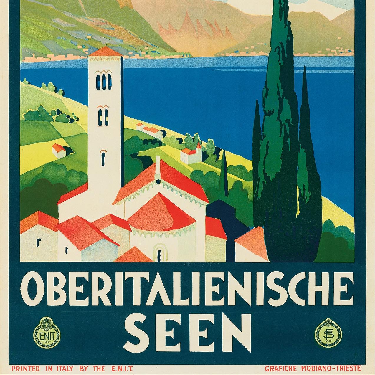 Original Vintage Travel Poster Italian Lakes ENIT Como Lake Maggiore Art Deco For Sale 1