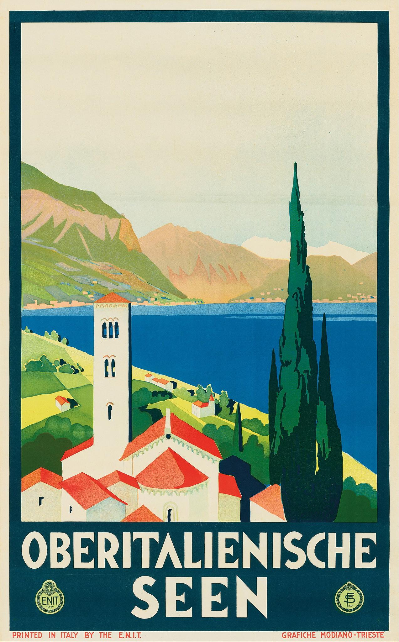 Unknown Print - Original Vintage Travel Poster Italian Lakes ENIT Como Lake Maggiore Art Deco