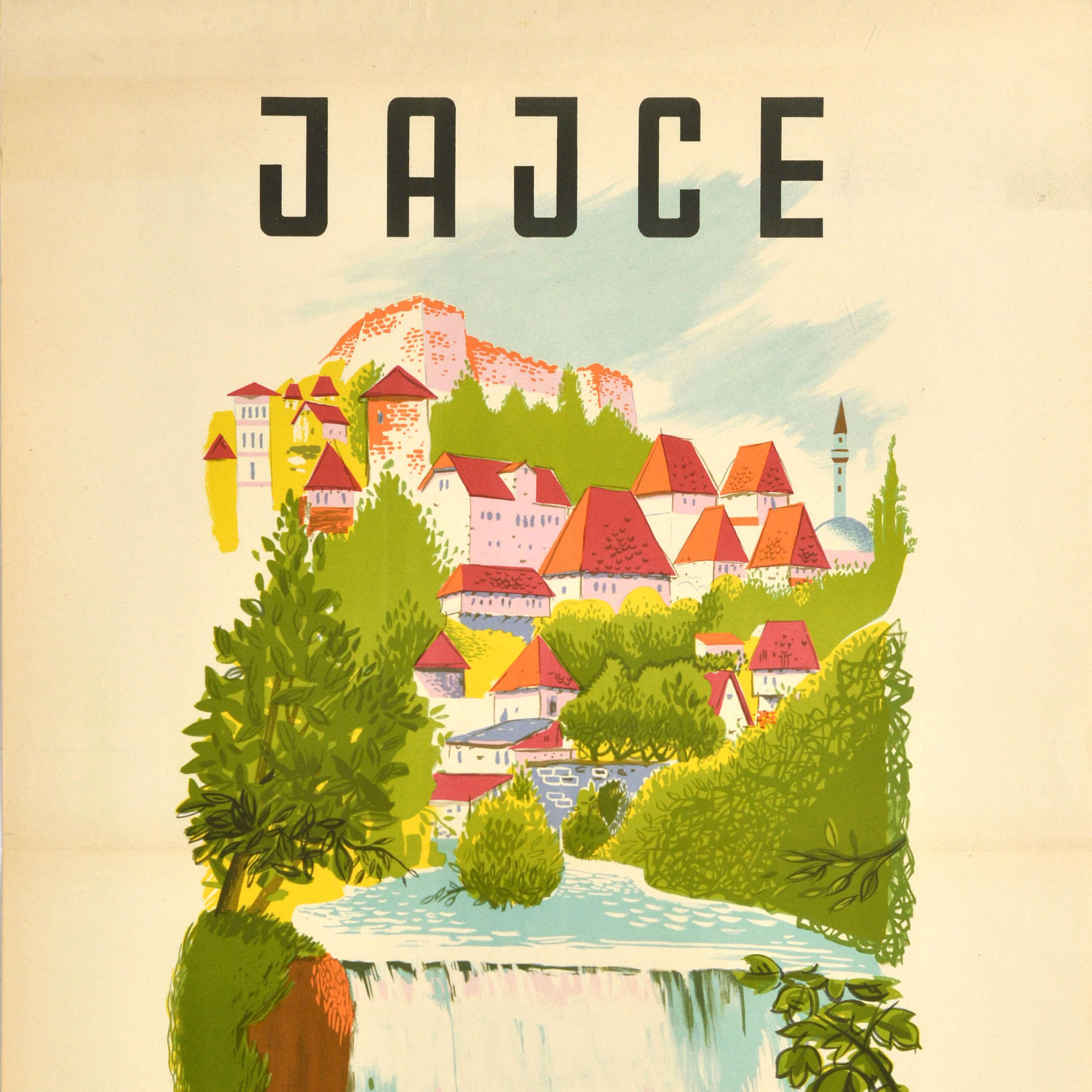 Original-Vintage-Reiseplakat, Jajce, Jugoslawien, Pliva, Wasserfall Bosnien (Orange), Print, von Unknown