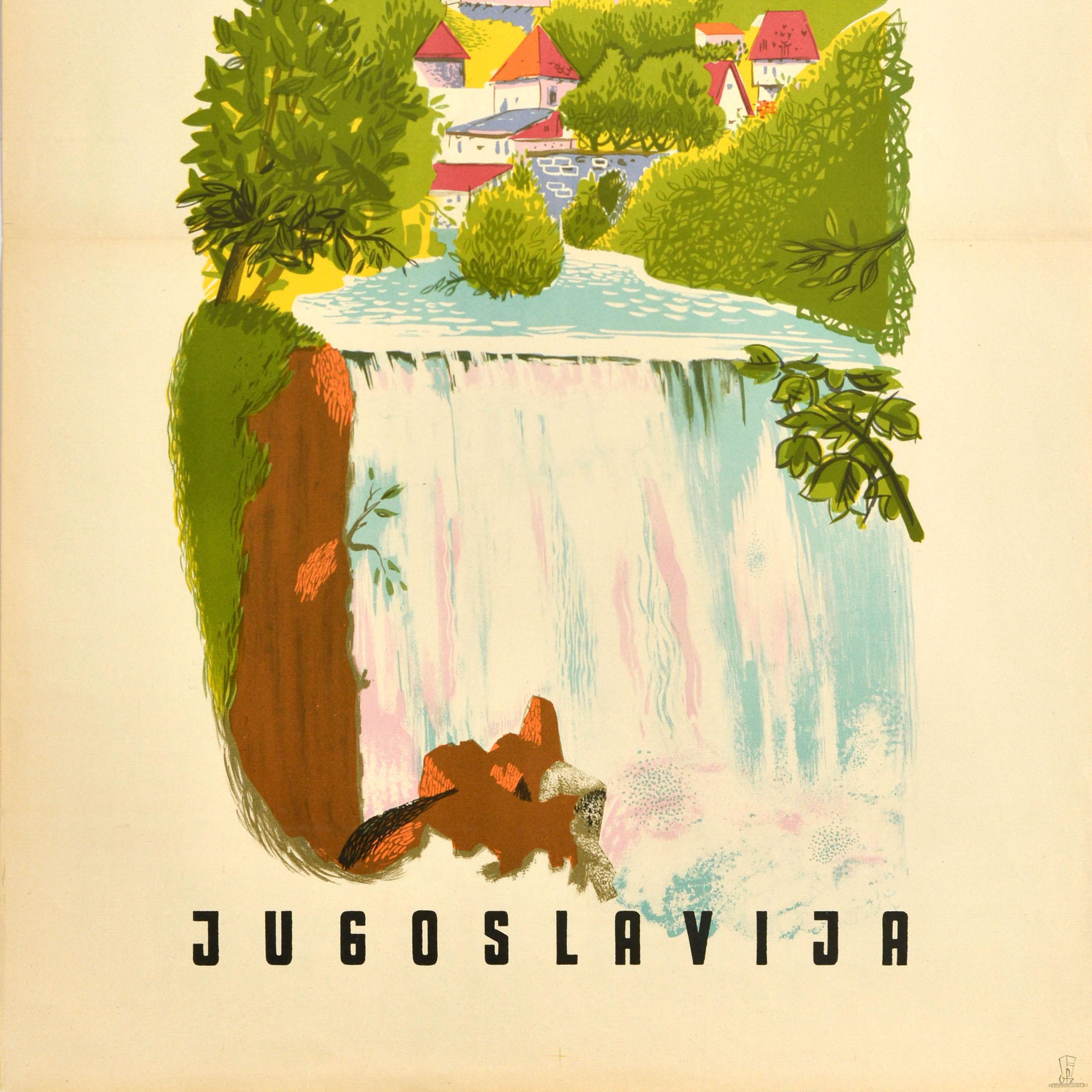 Original vintage travel poster for Jajce Jugoslavija featuring a scenic view of the walled town with red roof buildings, a church spire and trees leading down to the river and Pliva Waterfall cascading in the foreground. The historic town of Jajce