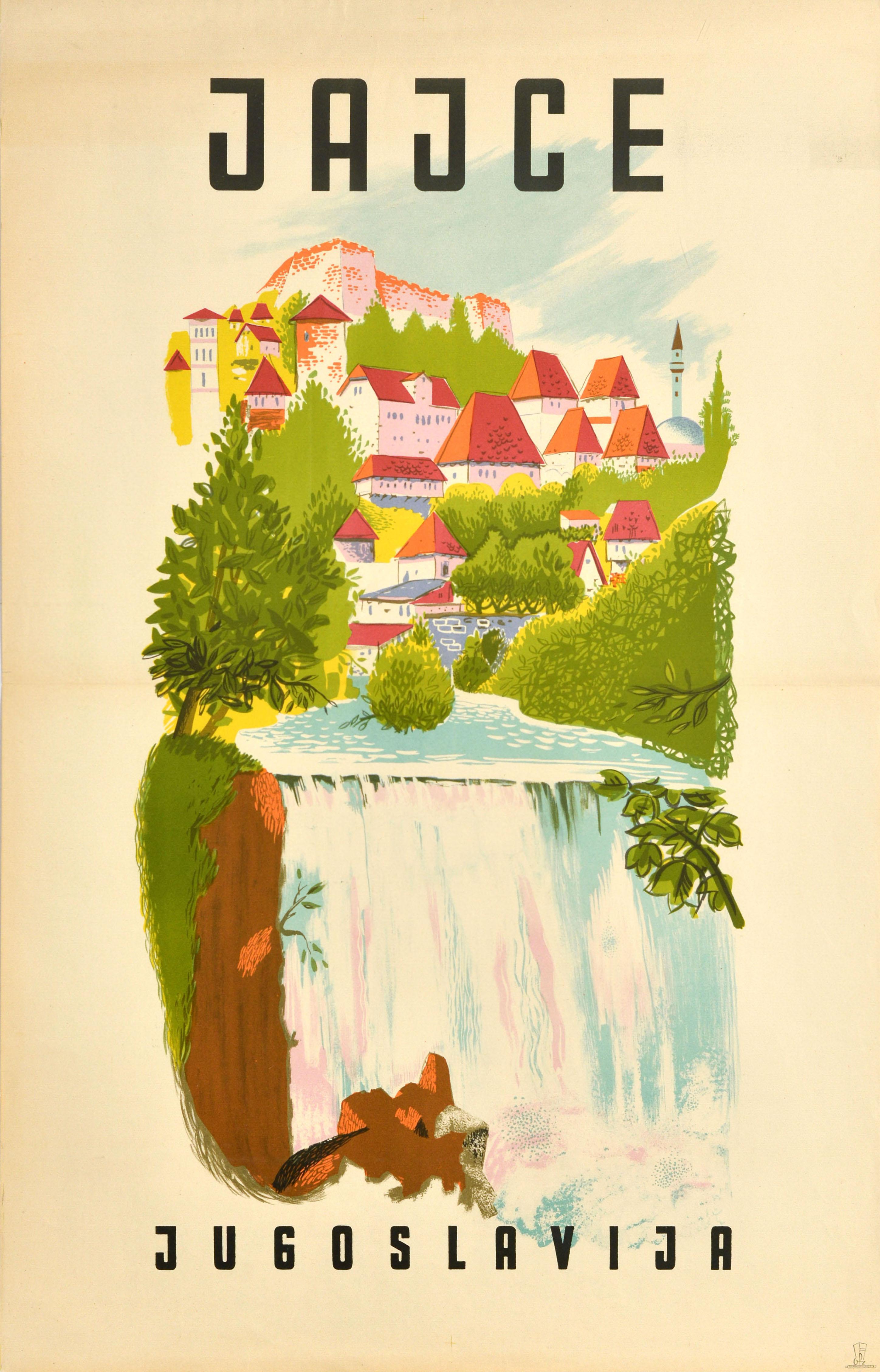 Unknown Print - Original Vintage Travel Poster Jajce Yugoslavia Pliva Waterfall Bosnia Design