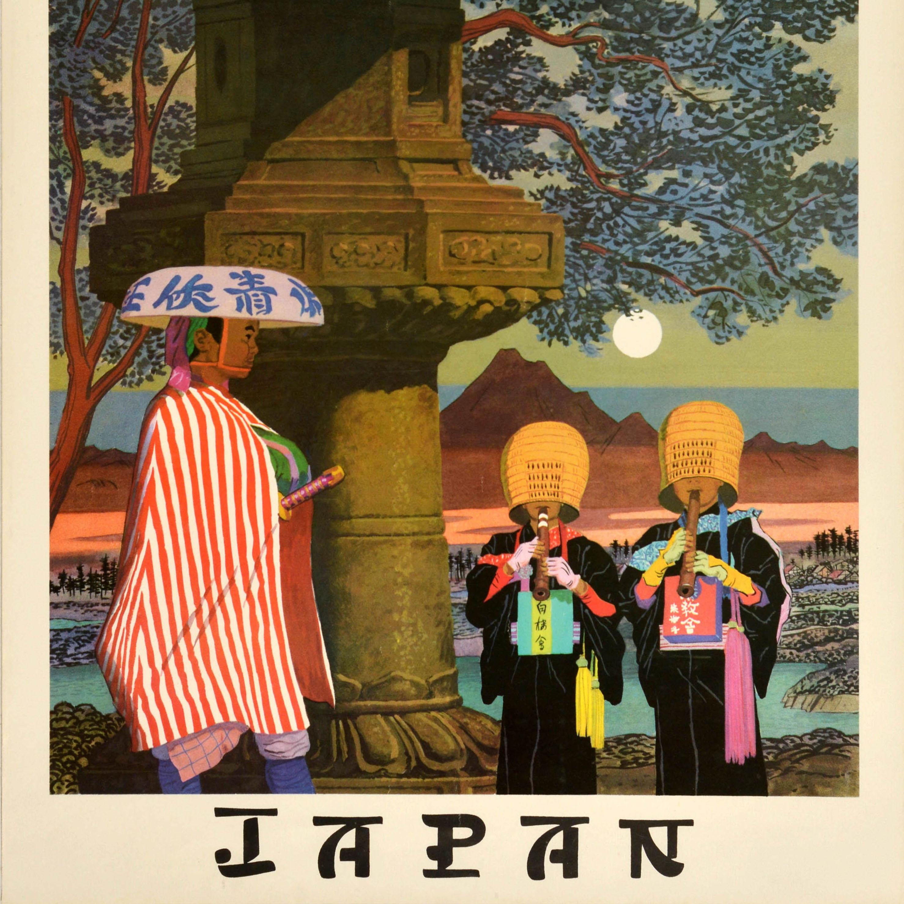 Original vintage travel advertising poster for Japan featuring a great image of a person wearing a traditional bamboo woven Sandogasa Ronin Samurai hat carrying a sword under his red and white cloak walking by two Komuso Zen Buddhist monks wearing