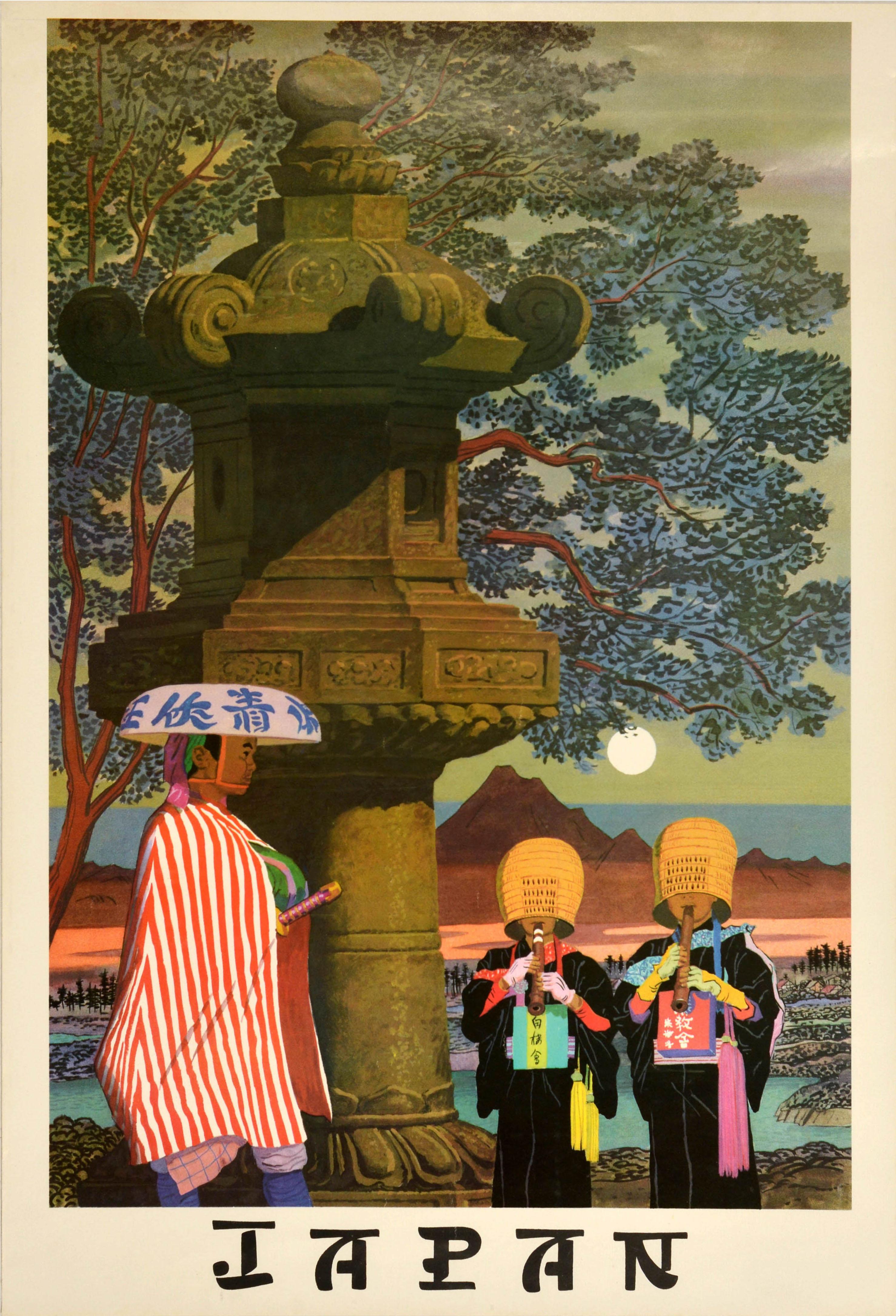 Original Vintage Travel Poster Japan Ronin Samurai Komuso Zen Buddhism Monks