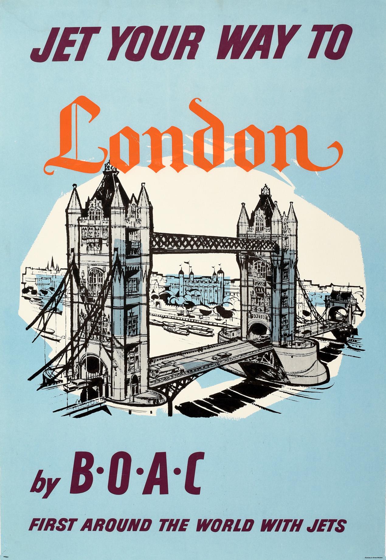 Unknown Print - Original Vintage Travel Poster Jet Your Way To London BOAC Tower Bridge Thames