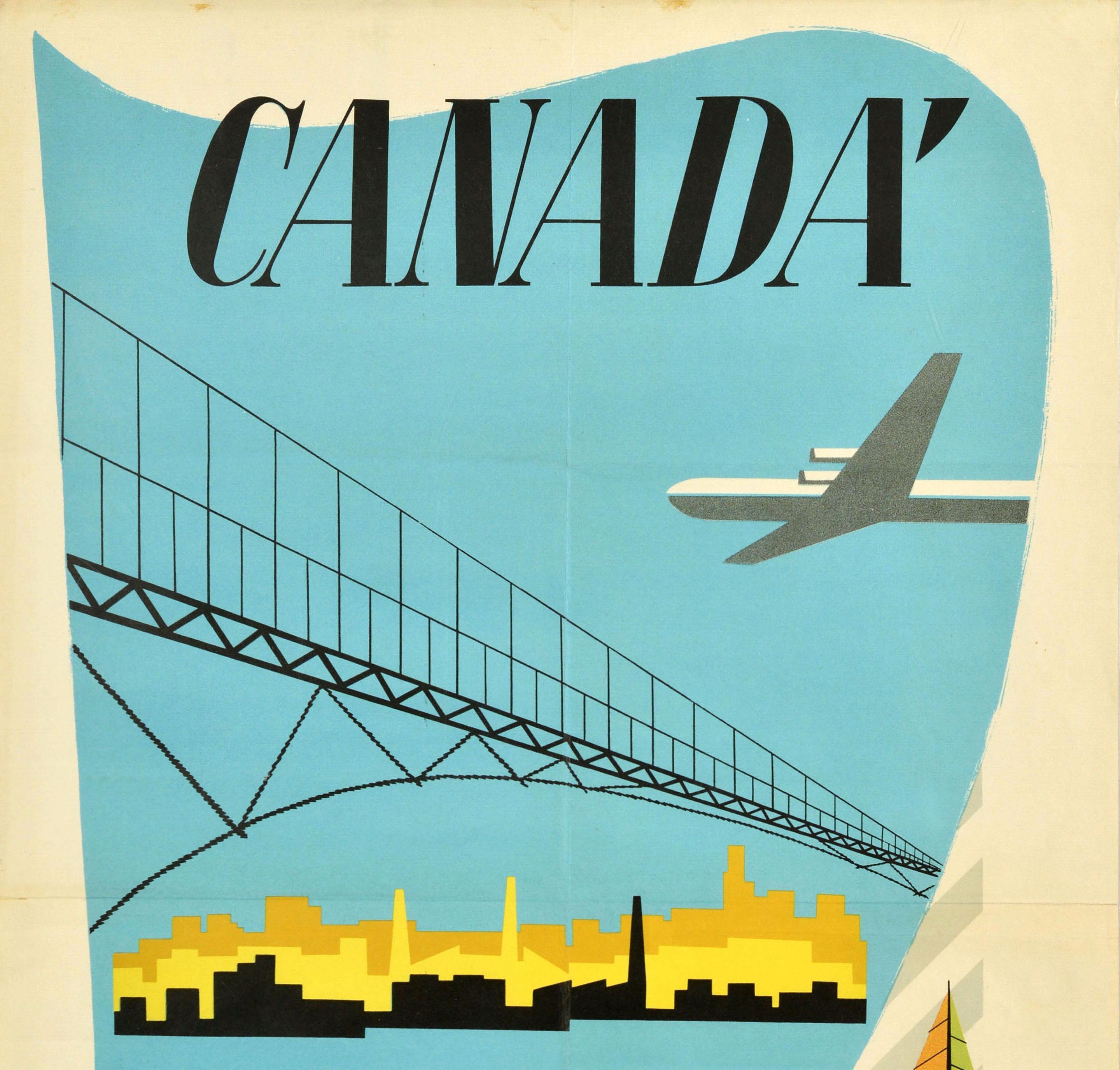 Poster di viaggio originale d'epoca KLM Royal Dutch Airlines Canada Fisherman Design - Print Verde di Unknown