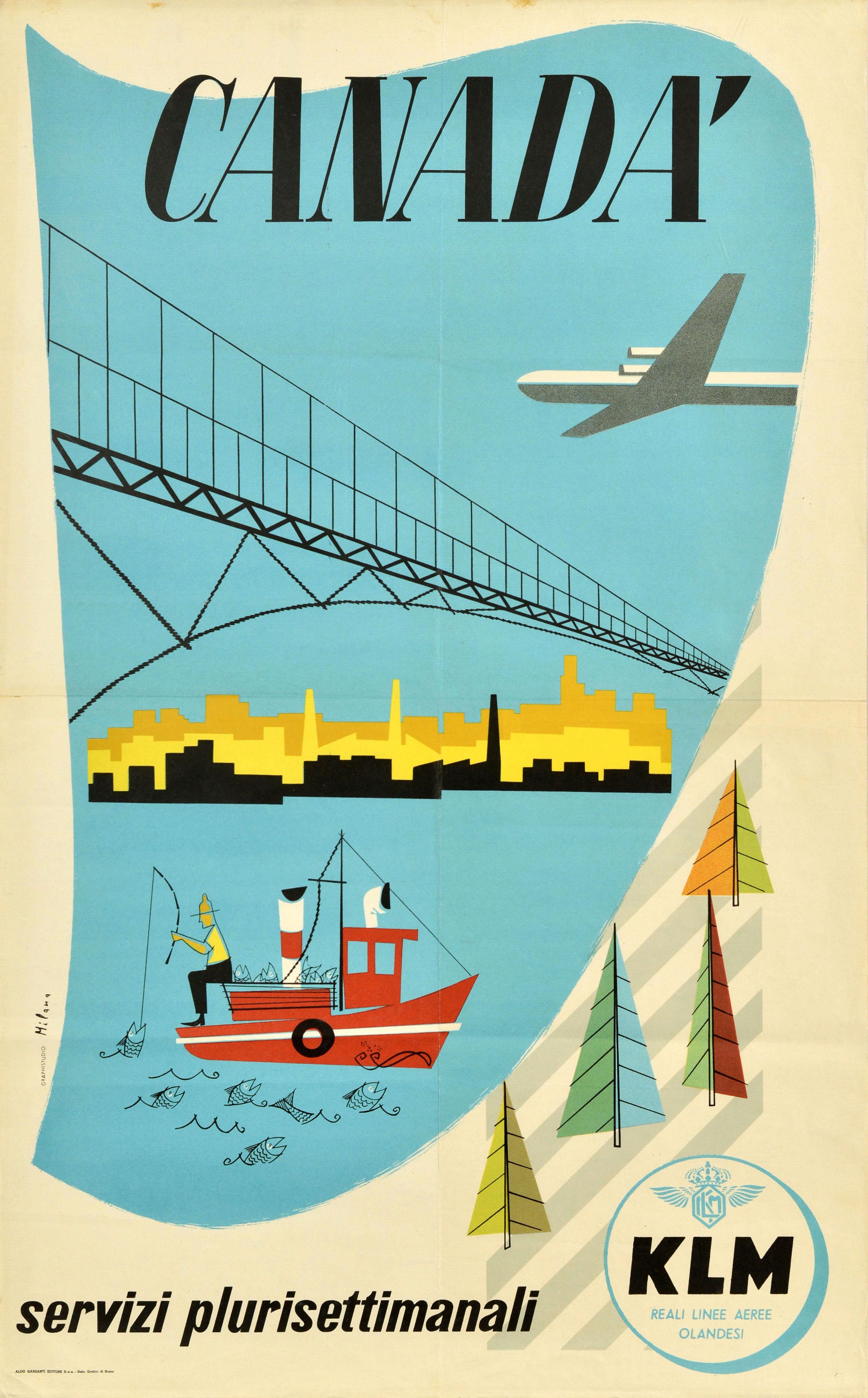 Print di Unknown - Poster di viaggio originale d'epoca KLM Royal Dutch Airlines Canada Fisherman Design