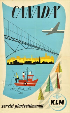 Original Vintage Travel Poster KLM Royal Dutch Airlines Canada Fisherman Design