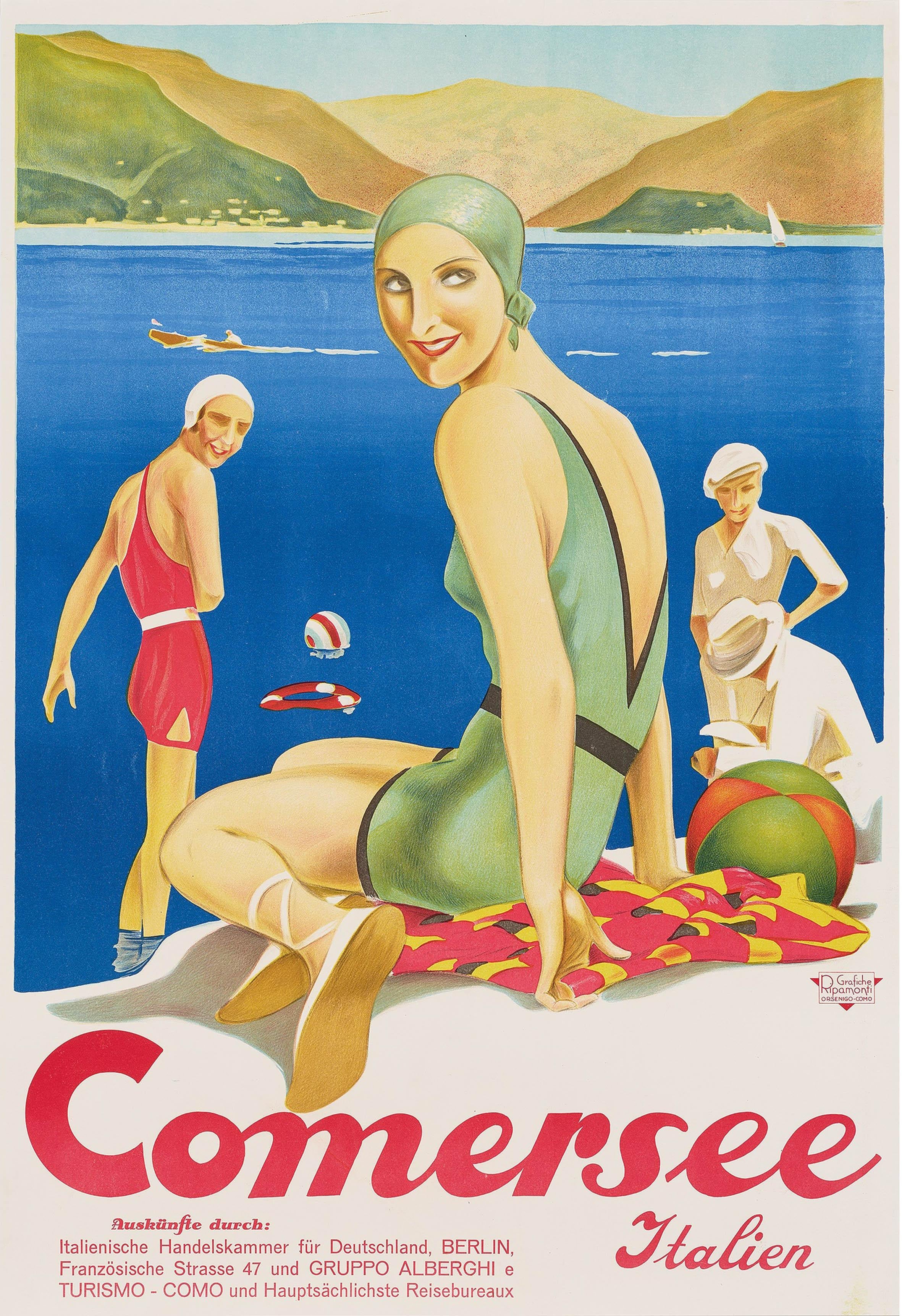 Unknown Print - Original Vintage Travel Poster Lake Como Art Deco Bathers Comersee Italy Italien