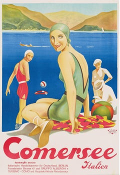 Original Vintage Travel Poster Lake Como Art Deco Bathers Comersee Italy Italien