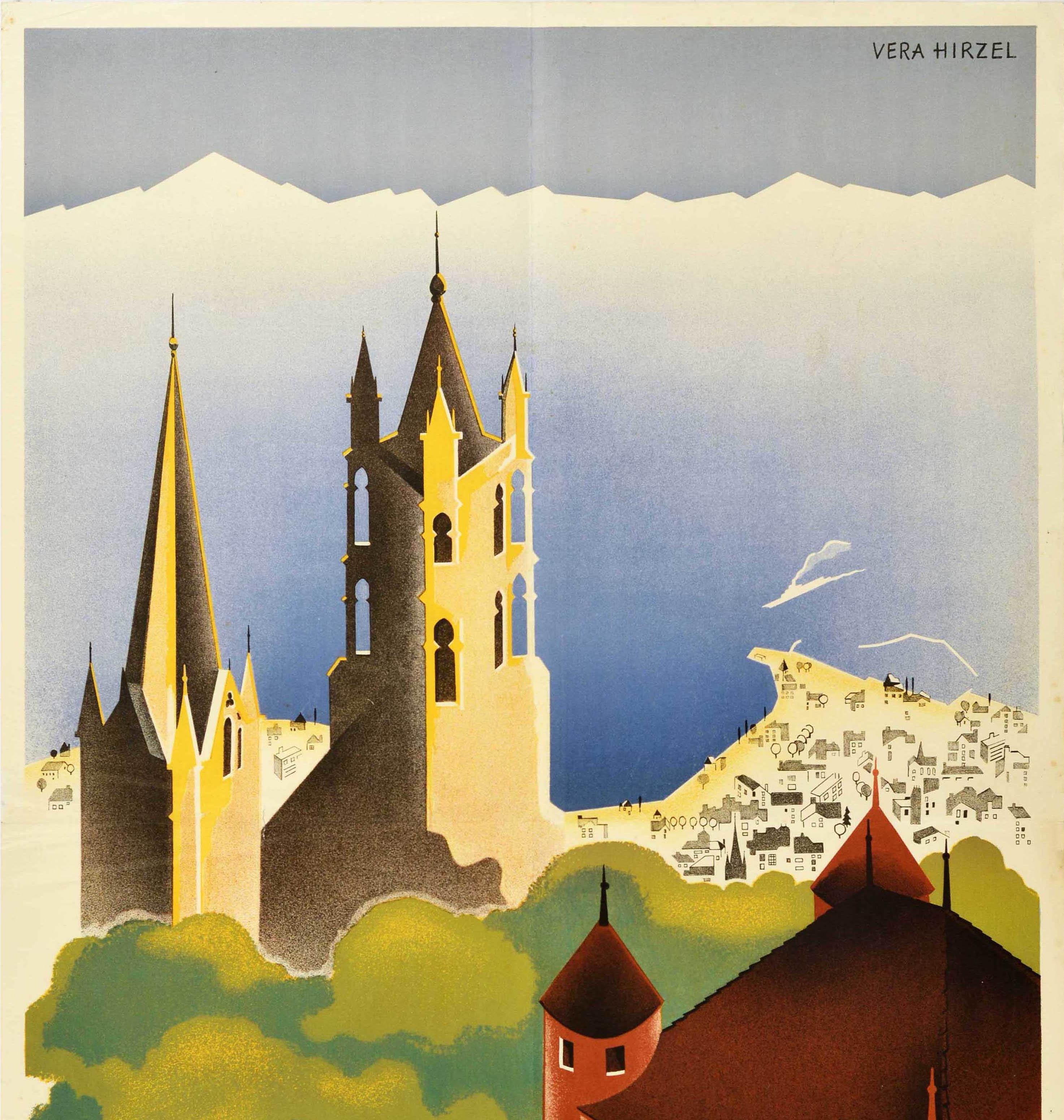 Poster di viaggio originale d'epoca Losanna Ouchy Svizzera Art Deco Vera Hirzel - Print Beige di Unknown