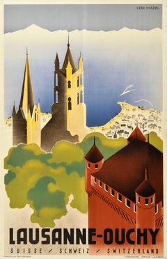 Poster di viaggio originale d'epoca Losanna Ouchy Svizzera Art Deco Vera Hirzel