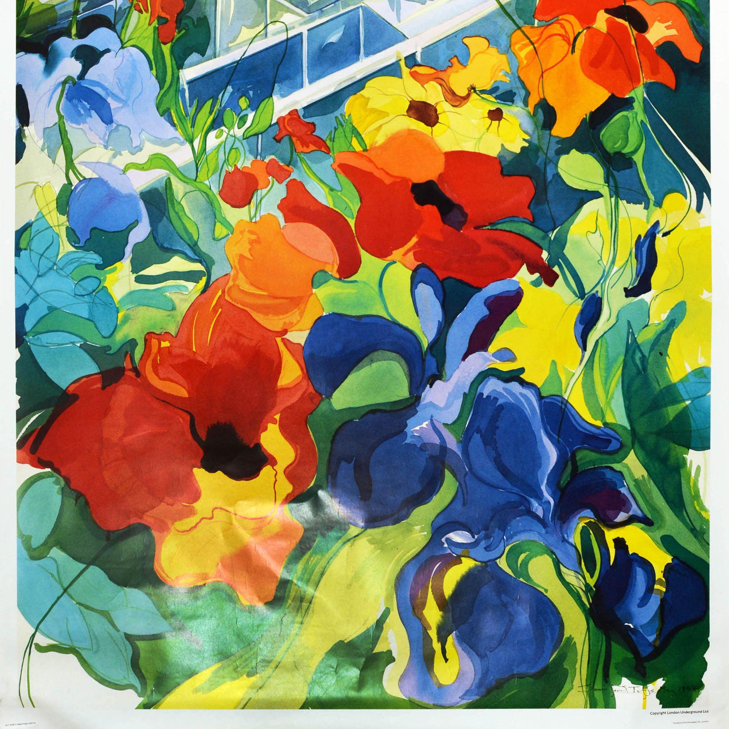Poster di viaggio originale d'epoca della metropolitana di Londra New Kew by Tube Iris Flower 1