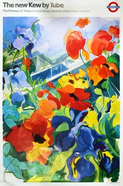 Poster di viaggio originale d'epoca della metropolitana di Londra New Kew by Tube Iris Flower