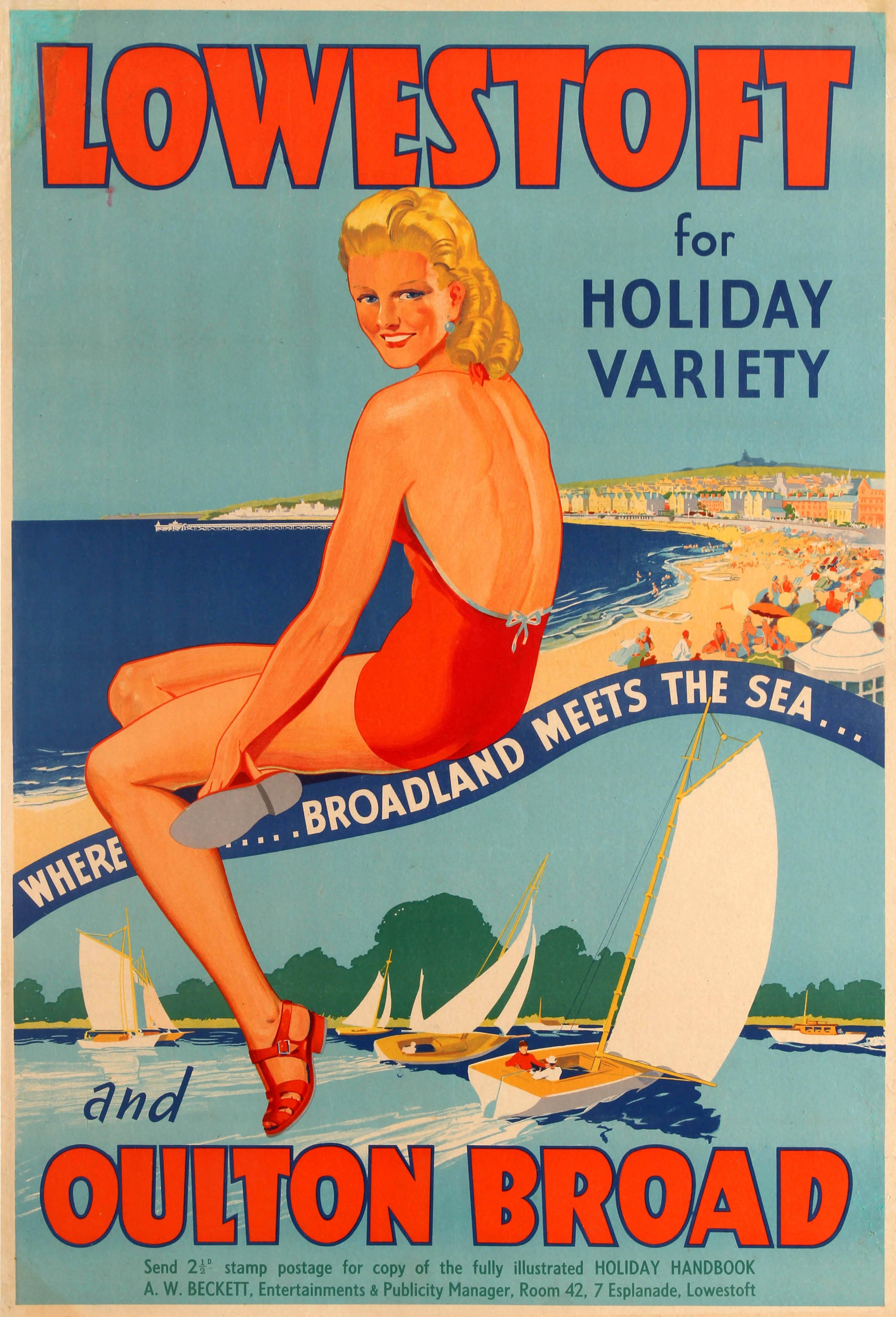 Unknown Print - Original Vintage Travel Poster Lowestoft And Oulton Broad For Holiday Variety