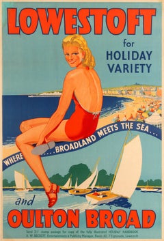 Original Retro Travel Poster Lowestoft And Oulton Broad For Holiday Variety