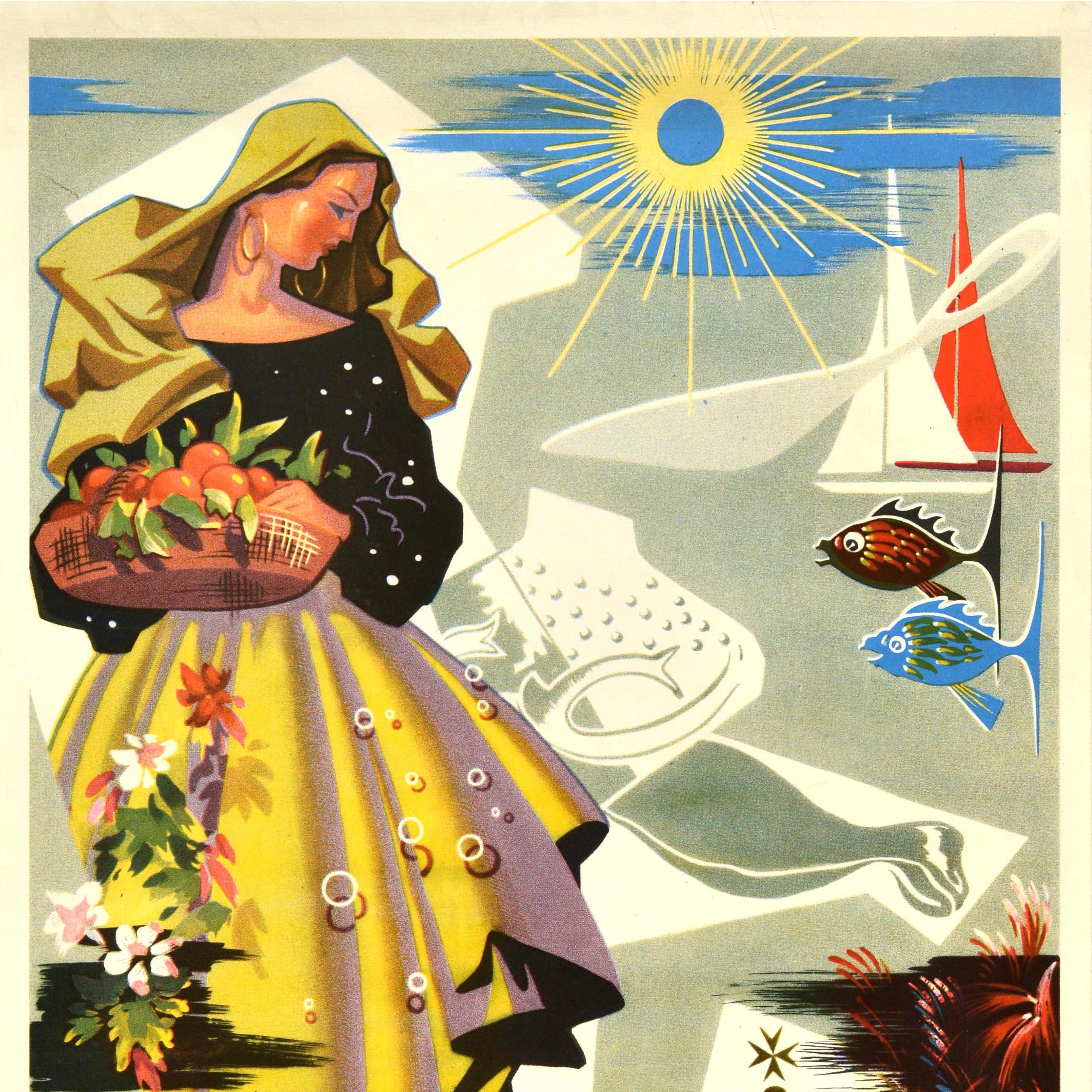 Original vintage travel poster for the island country of Malta located in the Mediterranean Sea featuring a colourful design with a lady wearing a traditional dress and head shawl holding a basket of oranges in front of a shining yellow sun and