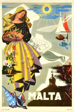 Affiche de voyage vintage d'origine Malta Valetta Mediterranean Sea Valetta du milieu du siècle dernier