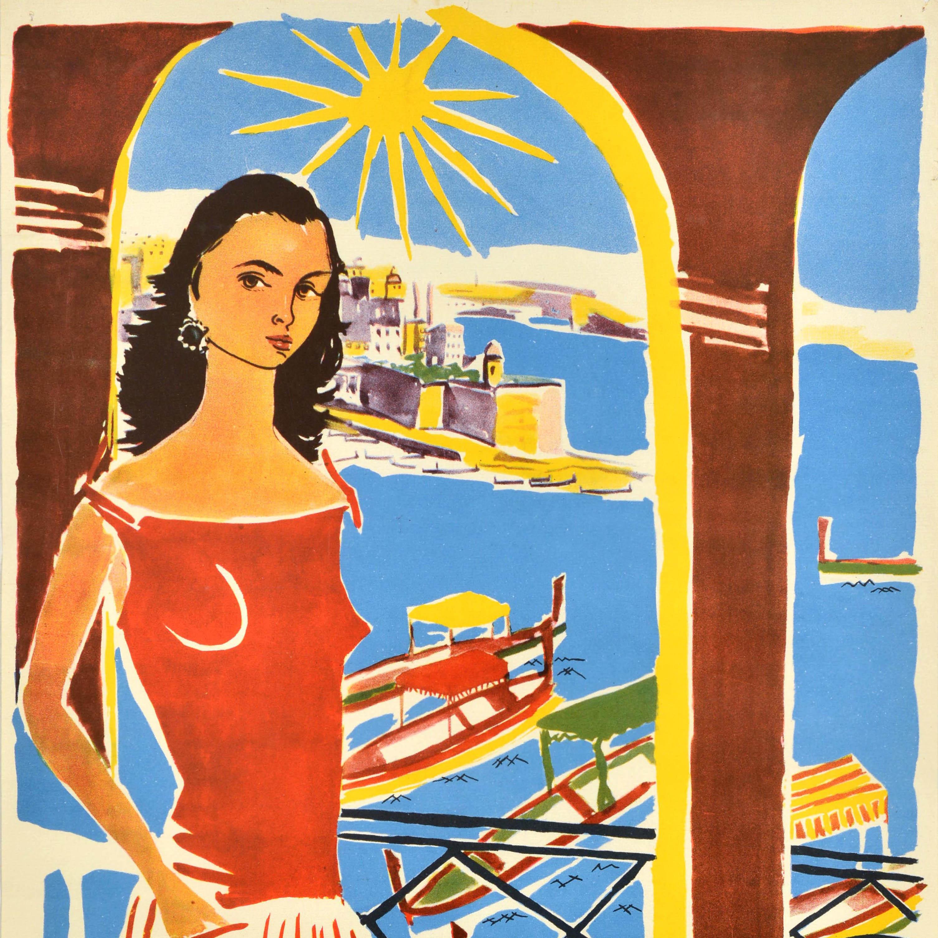 Original Vintage-Reiseplakat Malta Valetta Grand Harbour Antoine Camilleri, Malta (Beige), Print, von Unknown